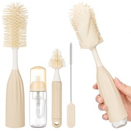 Kammoy Cepillo para Biberones con Dispensador de Jabón, Kit 4 en 1 de Silicona con Diseño de Presión para Crear Espuma, Incluye Limpiadores para Mamil