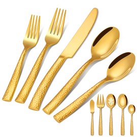 65-Piece Gold Silverware Set with Serving Utensils, Ollex Durable Stainless Steel Hammered Flatware Set for 12 with Knives Forks Spoons Large Serving utensil Set for Home Restaurant, Dishwasher Safe