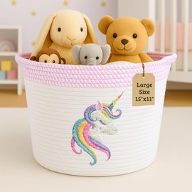 Unicorn Storage Basket for Nursery – Large 15”x11” Cotton Rope Bin with Soft Felt Animal Patch – Toy Organizer, Baby Laundry Hamper, Diaper & Towel Holder – Foldable, Washable & Baby-Safe