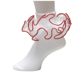 Girls Double Ruffle Socks - Big Full Organza with Trim Pageant Fanfare Foldover Ankle Style - 3-6 Year Old (Size 7-8, White w/ Red Trim)
