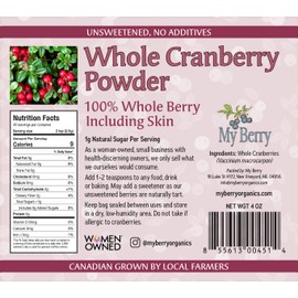 Unsweetened Whole Cranberry Powder | 4oz | No Additives | Not Made from Juice or Extract, But The Whole Berry |Grown in North America | 1g Natural Sugar Per Serving