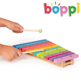 boppi Natural Wooden Xylophone for Toddlers and Babies with 2 Wooden Beaters and 12 Rainbow Buttons for Kids and Children 32cm Long 18 Months +