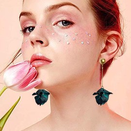 Just Follow Acrylic Rose Petal Earrings Dangle Exaggerated Flower Earrings Drop Statement Multicolored Floral Tassel Earrings Valentine's Day Bridal Prom Gift (Blackish Green)