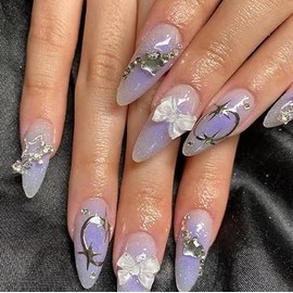 24PCS Purple Glitter Ombre Press On Nails – Medium Almond Shape False Nails for Women, Full Coverage Acrylic Art, Includes Removable Accessory Tools for Easy Application, Durable ABS Material