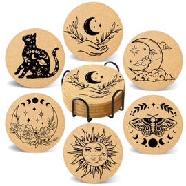 Cegkuc Coasters for Drinks with Holder Set of 6, Absorbent Cork Wood Vintage Sun Moon Coaster for Cup Desk Office Table Decor House Warming Gifts, Round 4"