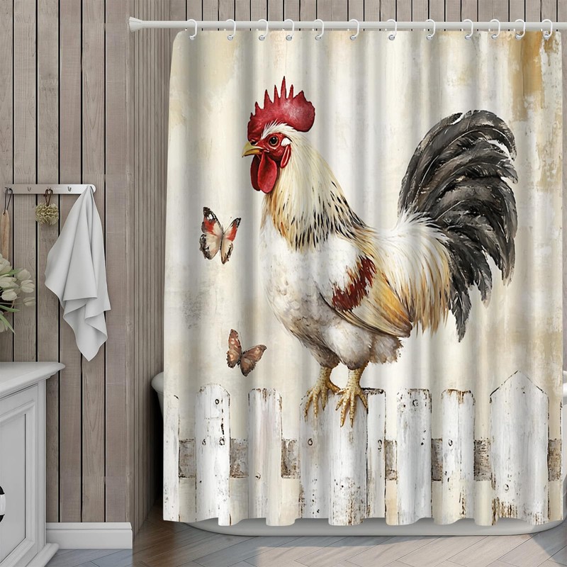 Rasrantyed Rustic Farmhouse Rooster Shower Curtain, Country Style Chicken on