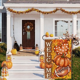 ZAEW Fall Welcome Pumpkins Football Love Heart Maple Leaves Autumn Garden Flag Yard Flag 12x18 Inch Double Sided Small Mini Yard Outdoor Outside Farmhouse Holiday Decoration