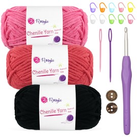 Chenille Yarn Chunky Yarn for Crochet Fluffy Yarn Baby Blanket Yarn 3x50g Soft Fluffy Wool with 5mm Crochet Hook Amigurumi Crochet Yarn for Beginners (Rosepink-3)