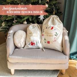 Papierdrachen 2 Gift Bags for Christmas, Sustainable Gift Wrapping, Beautifully Embroidered, Cream with Colourful Embroidery, 25 x 35 cm & 35 x 50 cm