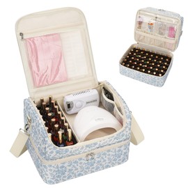Nail Polish Organizer, Nail Supplies Storage Case Holds 69 Bottles Nail Polish & Nail Lamp, Travel Nail Tech Carrying Bag, Nail Kit Bag for Nail Stuff & Manicure Tools (Floral Blue, 69 Slots)