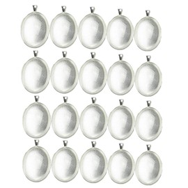 20pcs Oval Pendant Trays with Glass Cabochons 20pcs Glass Dome Tiles Cabochon for Crafting DIY Jewelry Making (Silver, 22 * 30)