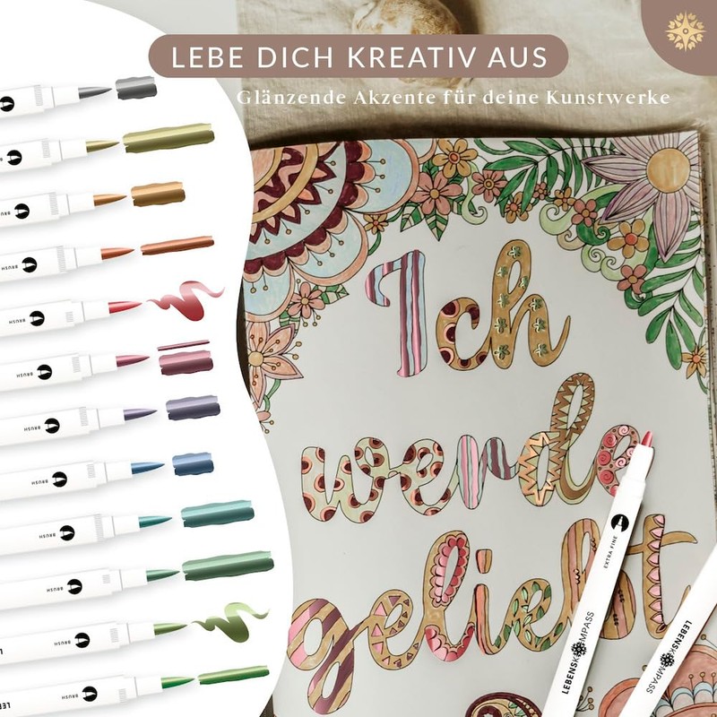 LEBENSKOMPASS® Metallic Dual Brush Pen Set with 12 Water-Based Colourful