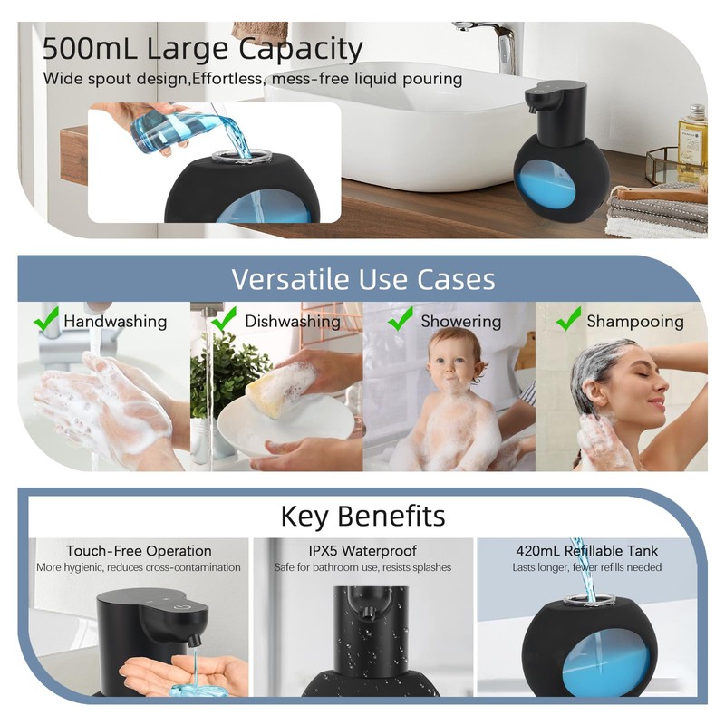 Automatic Soap Dispenser, 420 ml, Wall Mounting, USB C with