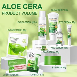Aloe Vera Hautpflege Sets & Kits,11 Stück Aloe Vera Skincare Set mit Toner,Cleanser,Serum,Creme,Maske,Lippenbalsam,Augenpads,Aloe Vera Gesichtspflege Set Für Teenager Mädchen Frauen