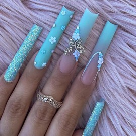 Press on Coffin Nails Long Length Glossy Full Cover Acrylic Extra Long Square False Nails with Designs Artificial Ballerina Square Fake Nails with Charm Glue ons Nails Fingernails for Women(SGCY300)