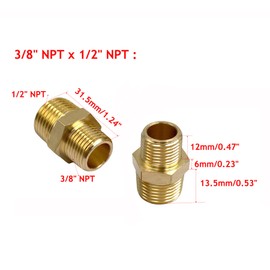 4Pcs 3/8" NPT x 1/2" NPT Male Pipe Hex Nipple,Brass 1/2" NPT Male x 3/8" NPT Male Reducing Hex Nipple Adapters