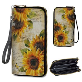 BREIDMKFM Womens Wallet PU Leather Wristlet for Women,Large Capacity Lady Fashion Wallet Card Holder Zipper with RFID Blocking Phone Wristlet Purse,Sunflowers Handwritten Letter