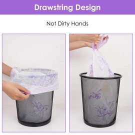 Small Trash Bag Strong, Drawstring Plastic Garbage Bags, Leakage Free Thicken Rubbish Bag for Small Trash Can (Purple Flowers)