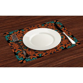 Ambesonne Psychedelic Place Mats Set of 4, Round Flowers Floral Patterns with Psychedelic Motif Boho Hippie Style Image, Washable Fabric Placemats for Dining Room Kitchen Table Decor, Teal Orange