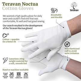 Teravan Noctua Cotton Gloves, Fits Well for Both Men and Women, Suitable for Dry, Irritated, Cracked Hands, Nighttime Wear or Everyday Use, White, 1 Pair (Small)