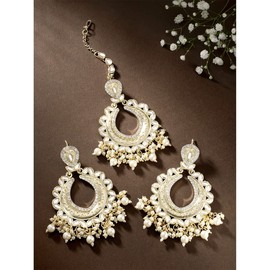Aheli Traditional Gold Plated Kundan Pearl Studded Earrings and Maang Tikka Set Jewelry Gift for Women White