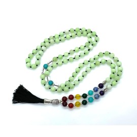 Energized 7 Chakra mala beads Hand Knotted 108 beads necklaces - Japa - Buddhist prayer beads - Meditation - Healing crystals for men women (Fluorescent Green Jade Heart chakra mala)