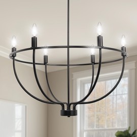 DORESshop Black Dining Room Light Fixture, 6-Light Farmhouse Black Chandelier for Bedroom, Adjustable Height Modern Metal Candle Chandelier for Kitchen Island, Living Room, Foyer, Entryway, 28.5in