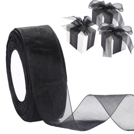 Outus Sheer Organza Ribbon for Gift Wrapping Sheer Chiffon Ribbon Tulle Ribbon Mesh Ribbon Clear Fabric Ribbon Weeding Christmas Tree Decor DIY Crafts(1.6 Inch Wide 49 Yard Long,Black)