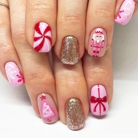 Christmas Press on Nails Medium Square Fake Nails with Snowflake Christmas Tree Designs Gold Glitter Glue on Nails Pink False Nails Red Swirl Full Cover Stick on Nails for Women 24Pcs