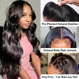 Benehair 24 Inch Body Wave Lace Front Wigs Human Hair 13x4 HD Lace Frontal Glueless Wigs Human Hair Pre Plucked with Baby Hair 180% Density Human Hair Wigs for Black Women Natural Black
