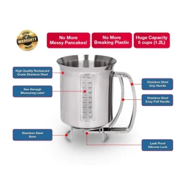 MisterChef Stainless Steel Pancake Crepes and Thin Batter Dispenser with Measuring Guide and lid | 1.2L Capacity | 2 Year Warranty