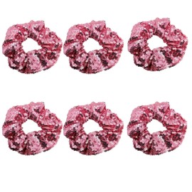 6 Pcs Sparkle Sequin Hair Scrunchie Hair Bobbles Metallic Elastics Ponytail Holders Hair Wrist Ties Bands Cloth Scrunchies for Show Gym Dance Party Club Girl Women (Pink)