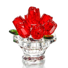H&D HYALINE & DORA Red Crystal Rose Flower Figurine, Crystal Rose Bouquet Ornament Decor for Wedding Anniversary Tabletop Centerpieces