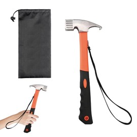 Camping Hammer Heavy Duty with Tent Stake Remove, Multifunction High Carbon Steel with Holding Strap, Hook Angle Design Camping Hammer for Picnic Tent or Hiking (Orange)