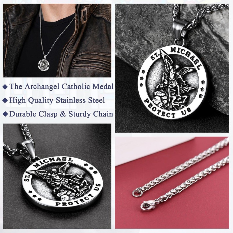 FaithHeart Saint Michael Necklace for Men Round Medal Pendant Christian