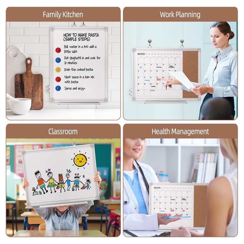 Dry Erase Calendar Whiteboard with Cork Board for Wall, Magnetic