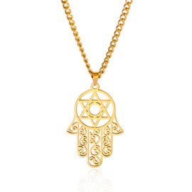 unift Hamsa Necklace Hand of Fatima with Star of David for Women Men Stainless Steel Necklace Pendant Jewish Blessing Hebrew Islamic Necklace Allah Religious Jewellery, Stainless Steel, No Gemstone