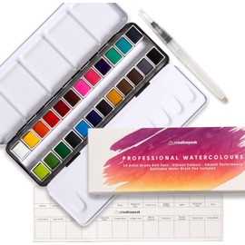 Creativepeak - Watercolour Paint Set - 24 Vibrant Watercolours with Blending Brush & Swatch Card - Portable Travel Tin & Mixing Palette for Artists - Professional Art Supplies