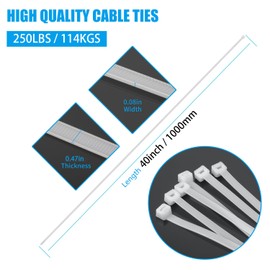 Armpow 40 inch White Zip Ties Heavy Duty 30 PCS, 250LBS Ultra Exclusive Strong Plastic Wire Ties, Large Cable Ties Extra Long Tie Wraps, Indoor and Outdoor UV Resistant
