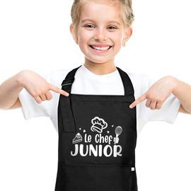 Halinuia Kinder Küchenschürze Wasserfest Verstellbar Le Chef Junior mit 2 Taschen - Zum Kochen, Malen, Basteln, Schule - Junge oder Mädchen - Schwarz