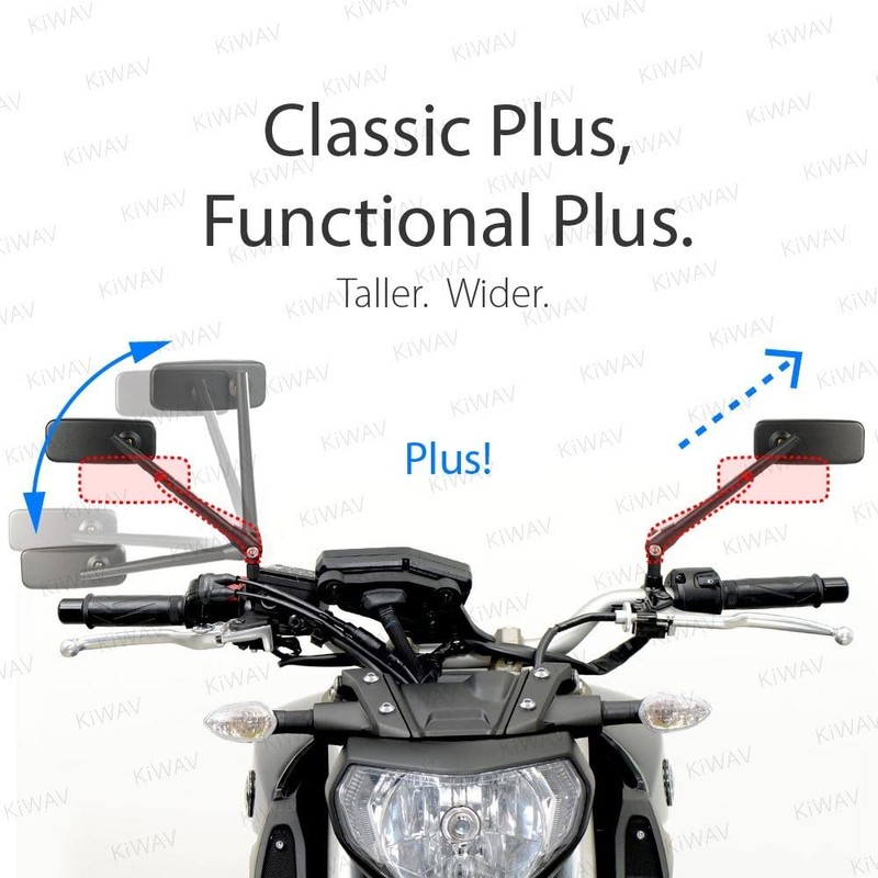 KiWAV Motorcycle Mirrors Rectangular ClassicPlus Black Convex Aspherical Anti-Glare Blue