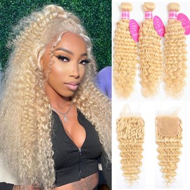613 Blonde Deep Wave Human Hair Bundles With 4X4 Lace Closure Free Part (10 12 14+10) Inch Human hair 3 Bundles with Closure 100% Unprocessed Wet and Wavy Blonde Deep Wave Human Hair Extensions