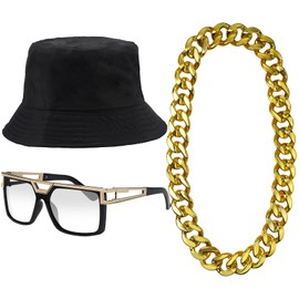 ONUPGO Hip Hop Costume Kit 80s/90s Rapper Accessories Bucket Hat Sunglasses Gold Chain Necklace Outfit for Men Women