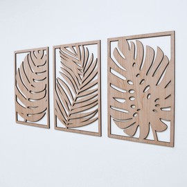 Leaves Wood Wall Art Panels Set of 3 Tropical Monstera Leaf Wall Decor, Boho, Modern Farmhouse