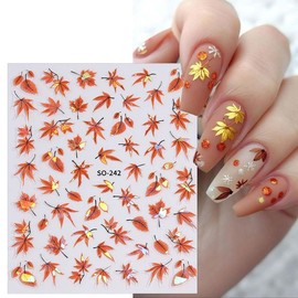 4 Sheets Autumn Nail Stickers Laser Maple Leaf Nail Decals 3D Orange Gradient Maple Leaf Nail Art Decals for Women Fall Thanksgiving Maple Leaves Nail Decoration Set