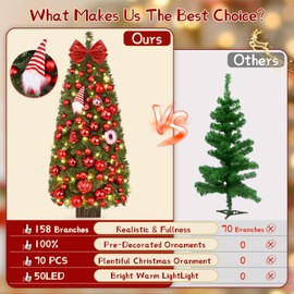 MARTINE MALL Pre-Decorated 3FT Small Christmas Tree with 50 LED String Lights, Artificial Mini Tabletop Christmas Tree Cute Little Xmas Trees with Red Hanging Ornaments for Home Small Space Holiday