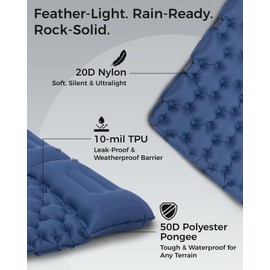 KingCamp Double Sleeping Pad for Camping, Inflatable Queen Camping Mattress 2 Person with Pillow Built-in Foot Pump, Ultralight Connectable Camping Mat for Backpacking, Hiking, Tent, Cot (Navy)