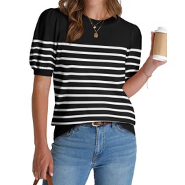 WIHOLL Womens Tops Short Sleeve Shirts Spring Summer Tops Cute Business Casual Outfits Beach Vacation Women Clothing Trendy 2025 Old Money Clothes Sweater Black and White Striped M