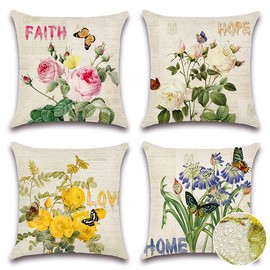 Ohok Set of 4 Outdoor Waterproof Cushion Covers, 45 x 45 cm, Polyester, Decorative Cushion Covers, Weatherproof Decorative Cushion Cover for Garden, Sofa, Couch, Living Room, Bedroom (Flowers