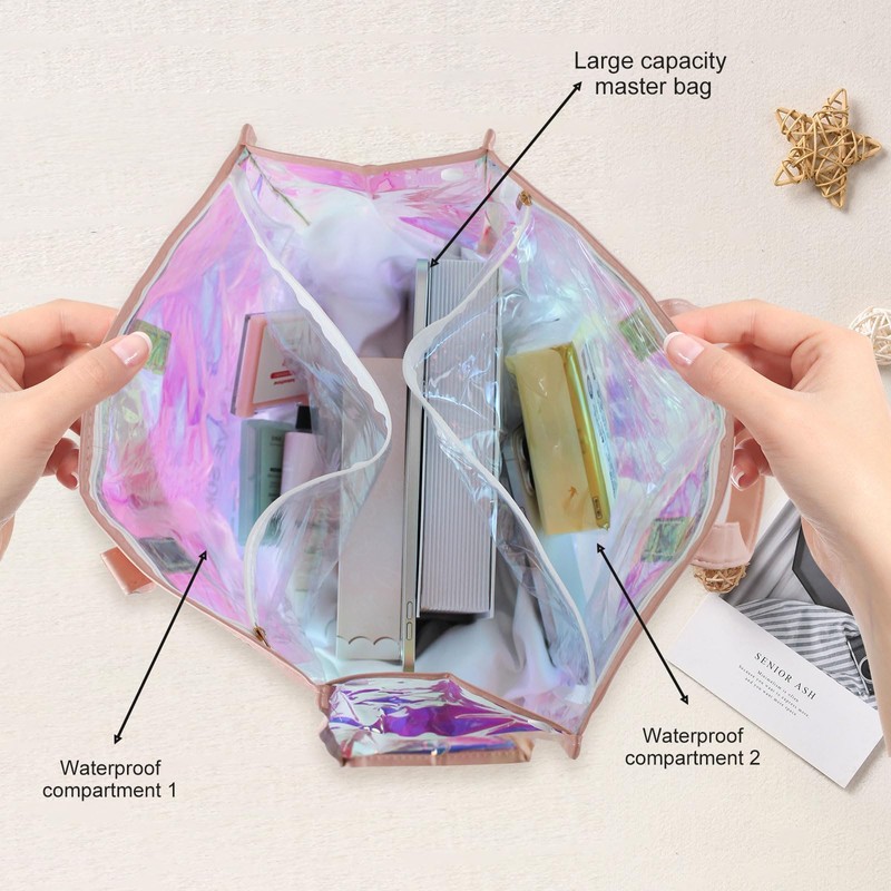 AfitLulu Holographic Beach Bags, Waterproof Tote Bag with 3 Compartments